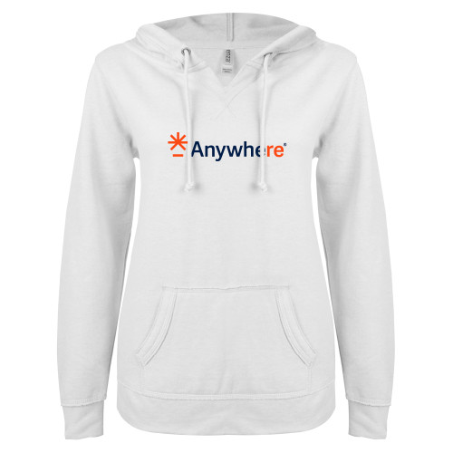  ENZA Womens White V Notch Raw Edge Fleece Hoodie - Anywhere