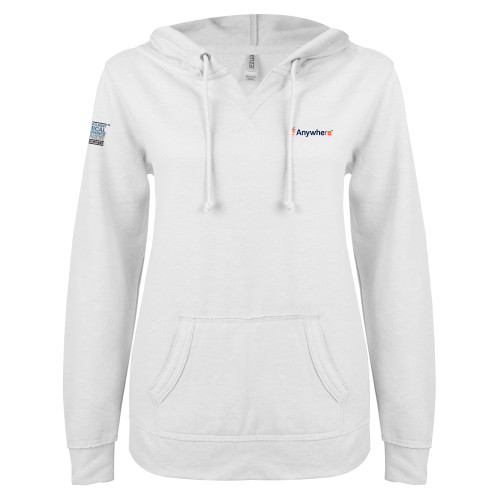  ENZA Womens White V Notch Raw Edge Fleece Hoodie - Anywhere