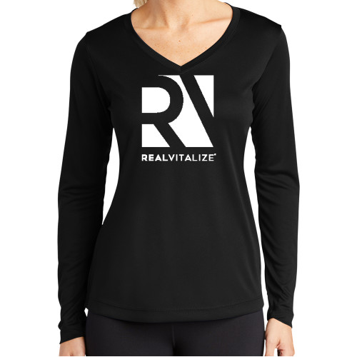  Womens Black Performance Long Sleeve V Neck Shirt - RealVitalize Stacked