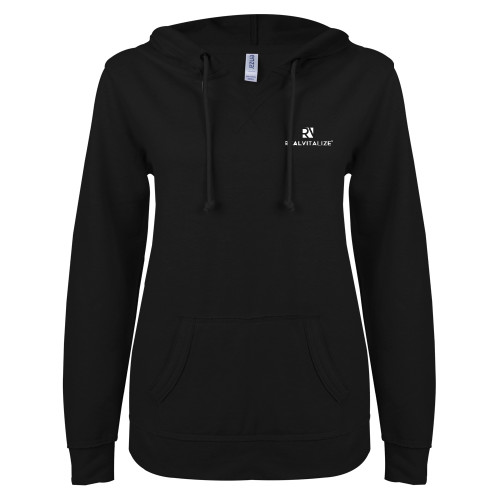  ENZA Womens Black V Notch Raw Edge Fleece Hoodie - RealVitalize Primary Mark