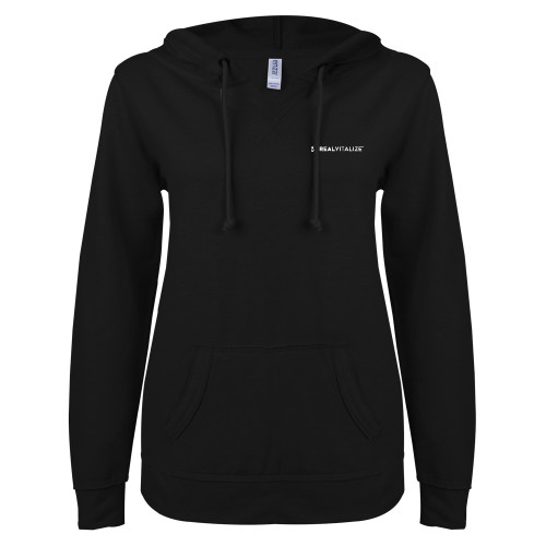  ENZA Womens Black V Notch Raw Edge Fleece Hoodie - RealVitalize Flat