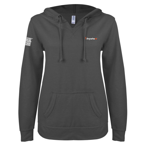  ENZA Womens Dark Heather V Notch Raw Edge Fleece Hoodie - Anywhere