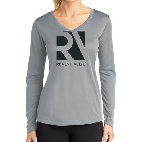  Womens Grey Performance Long Sleeve V Neck Shirt - RealVitalize Stacked