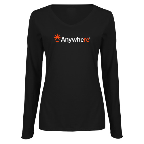  Womens Black Long Sleeve V Neck Tee  - Anywhere