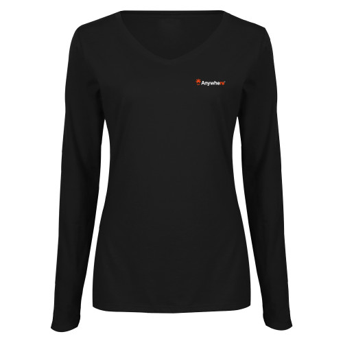  Womens Black Long Sleeve V Neck Tee  - Anywhere