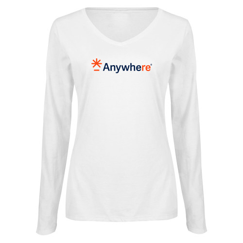  Womens White Long Sleeve V Neck Tee - Anywhere