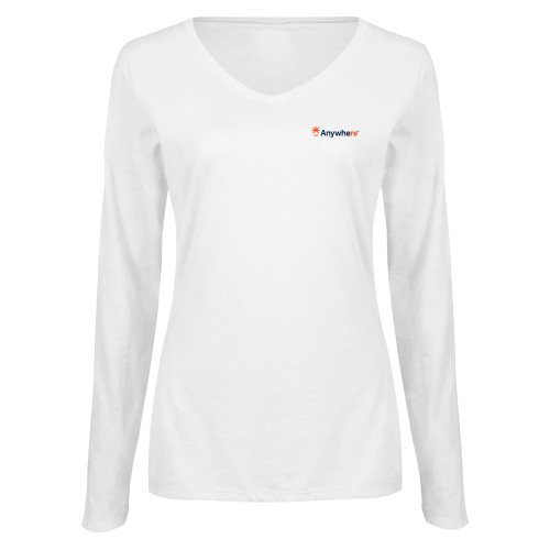  Womens White Long Sleeve V Neck Tee - Anywhere