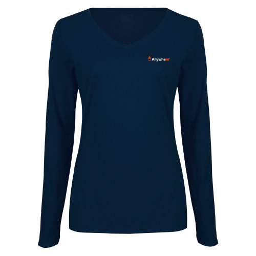  Womens Navy Long Sleeve V Neck Tee - Anywhere
