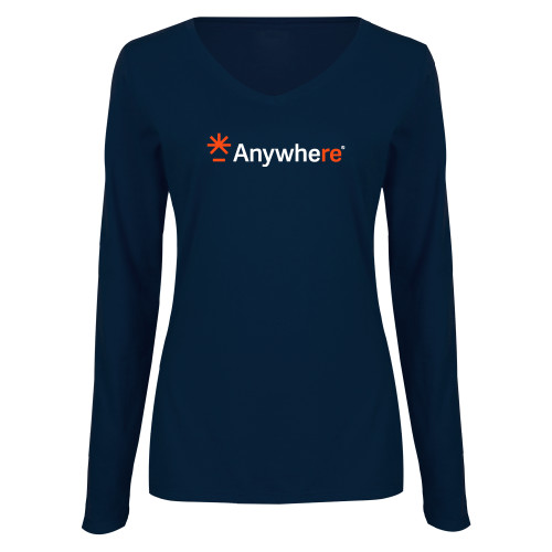  Womens Navy Long Sleeve V Neck Tee - Anywhere