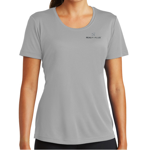  Womens Grey Performance Short Sleeve Tee - RealVitalize Primary Mark