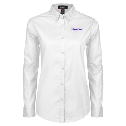  Womens White Twill Button Down Long Sleeve - Tekconnect