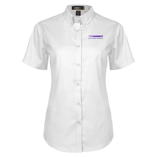  Womens White Twill Button Up Short Sleeve - Tekconnect
