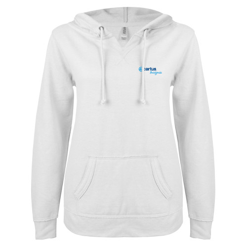 ENZA Womens White V Notch Raw Edge Fleece Hoodie - Cartus Insignia