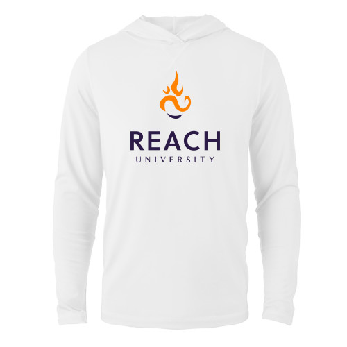  White Long Sleeve Hooded Tee - Reach University Stacked with Flame