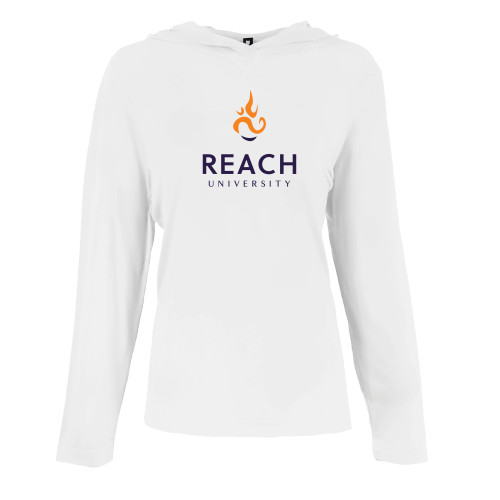  Womens White Long Sleeve Hooded Tee - Reach University Stacked with Flame