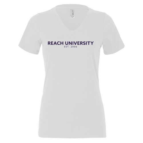  Bella + Canvas Womens White V Neck Cotton T Shirt - Reach University Est 2006