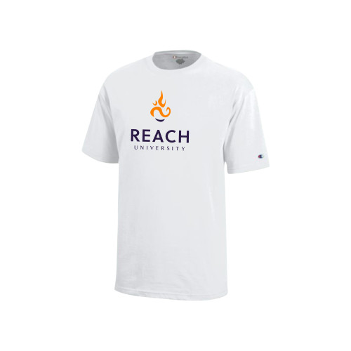  Champion Youth White Short Sleeve Tee - Reach University Stacked with Flame