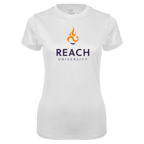  Womens White Performance Tee - Reach University Stacked with Flame
