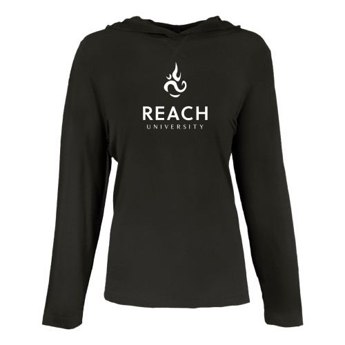  Womens Black Long Sleeve Hooded Tee - Reach University Stacked with Flame