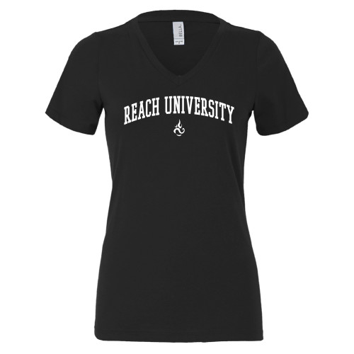  Bella + Canvas Womens Black V Neck Cotton T Shirt - Reach University Arched with Flame