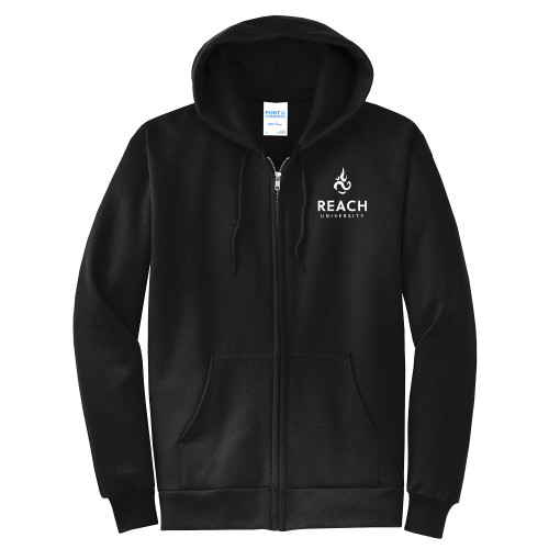  Extended Black Fleece Full Zip Hoodie - Reach University Stacked with Flame