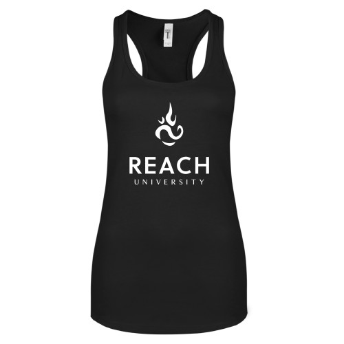  Next Level Womens Black Racerback Tank  - Reach University Stacked with Flame