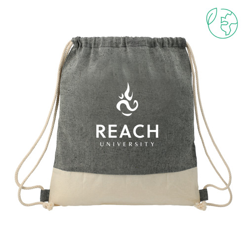  Split Recycled Cotton Natural/Black Drawstring Bag - Reach University Stacked with Flame