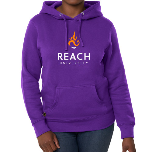  Fall Rush Ladies Purple Sponge Fleece Hoodie - Reach University Stacked with Flame