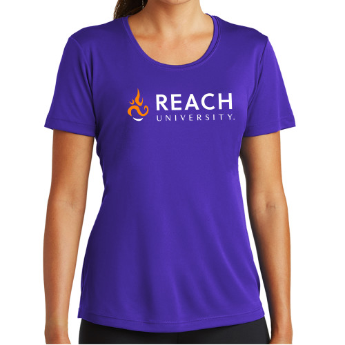  Womens Purple Performance Tee - Reach University Flat with Flame