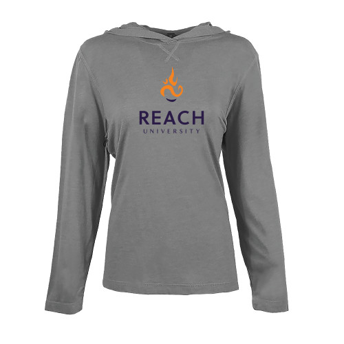  Womens Grey Heather Long Sleeve Hooded Tee - Reach University Stacked with Flame