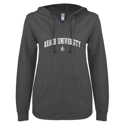 Reach ENZA Womens Dark Heather V Notch Raw Edge Fleece Hoodie