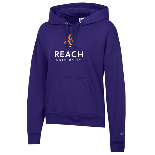  Champion Womens Purple Powerblend Pullover Hood - Reach University Stacked with Flame