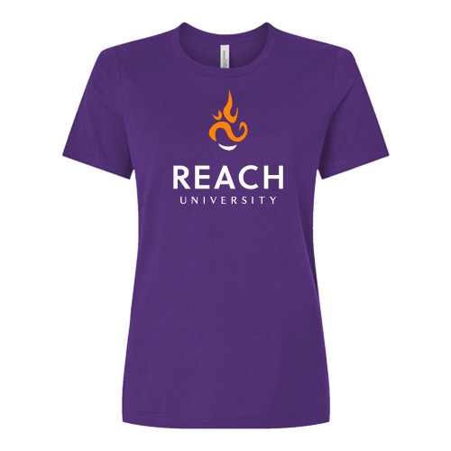  Bella + Canvas Womens Purple Relaxed Cotton T Shirt - Reach University Stacked with Flame