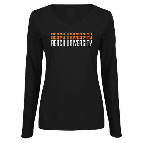  Womens Black Long Sleeve V Neck Tee  - Reach University Repeat Design