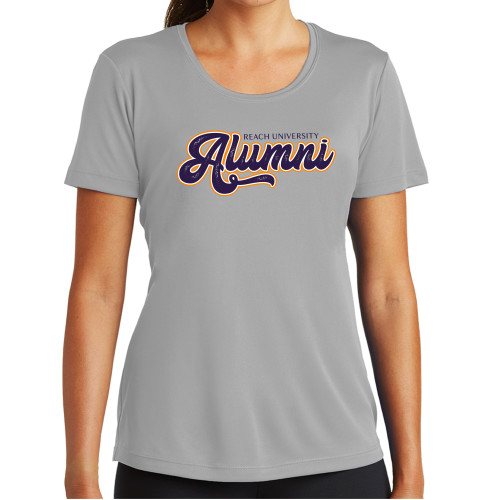  Womens Grey Performance Short Sleeve Tee - Reach University Alumni Script