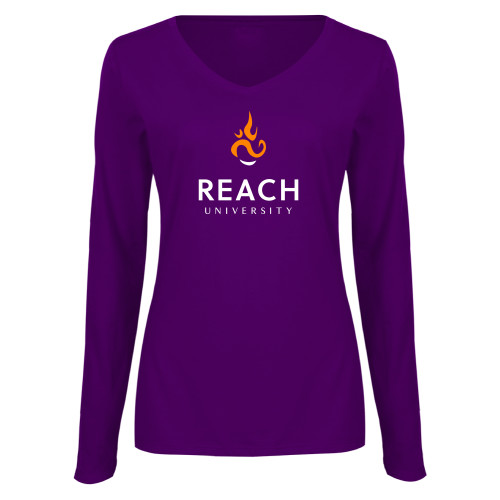  Womens Purple Long Sleeve V Neck Tee  - Reach University Stacked with Flame