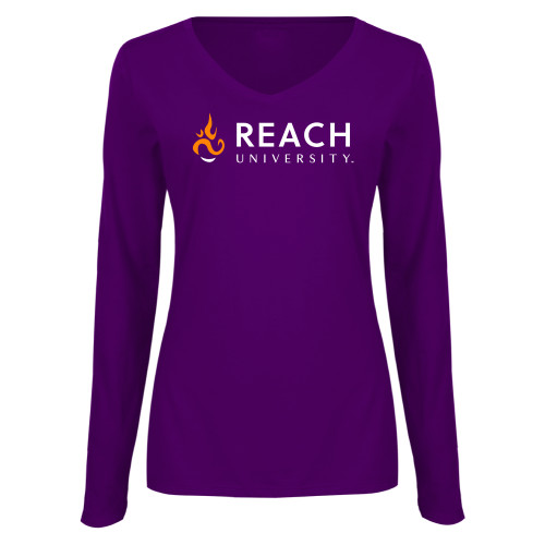  Womens Purple Long Sleeve V Neck Tee  - Reach University Flat with Flame