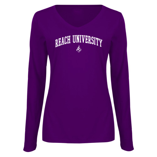  Womens Purple Long Sleeve V Neck Tee  - Reach University Arched with Flame