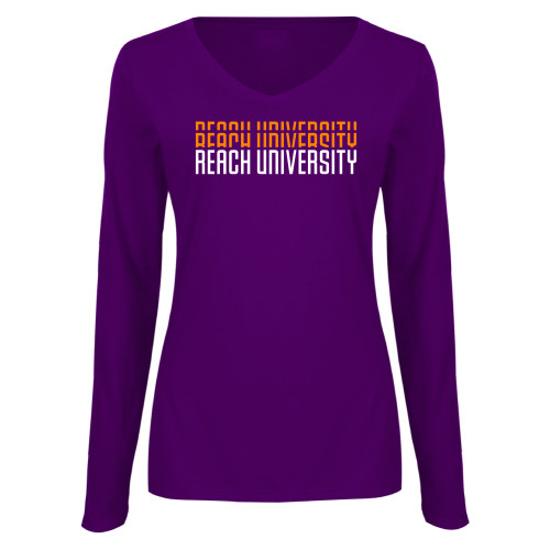  Womens Purple Long Sleeve V Neck Tee  - Reach University Repeat Design