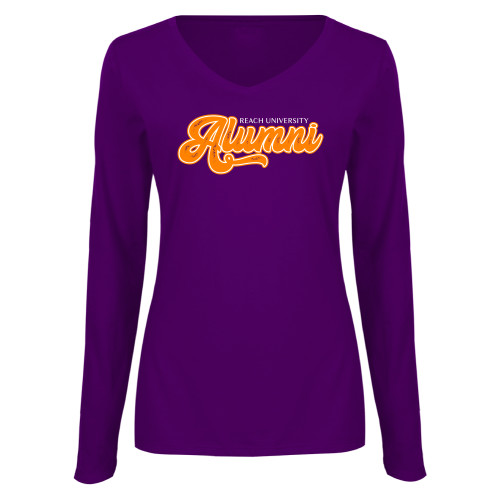  Womens Purple Long Sleeve V Neck Tee  - Reach University Alumni Script