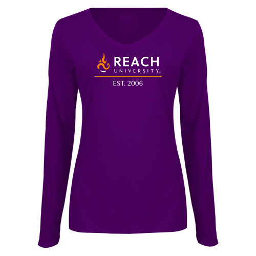  Womens Purple Long Sleeve V Neck Tee  - Reach University with Flame over Est 2006