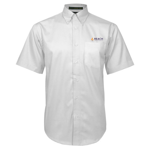  White Twill Button Down Short Sleeve - Reach University Flat with Flame