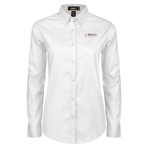  Womens White Twill Button Down Long Sleeve - Reach University Flat with Flame