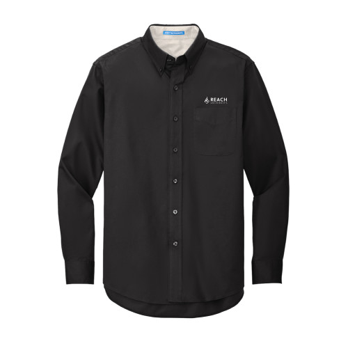  Black Twill Button Down Long Sleeve - Reach University Flat with Flame
