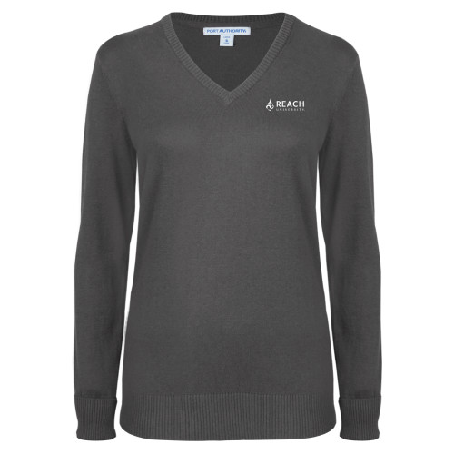  Womens Charcoal Heather VNeck Sweater - Reach University Flat with Flame