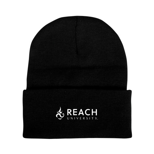  Black Knit Beanie w/Cuff - Reach University Flat with Flame