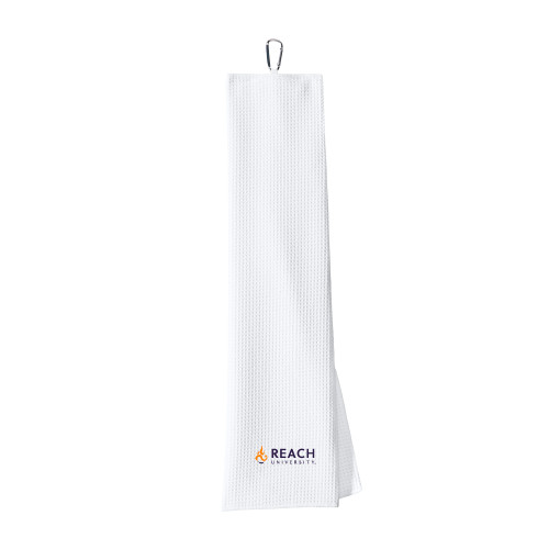  White Waffle Microfiber Golf Towel - Reach University Flat with Flame