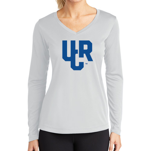  Womens White Performance Long Sleeve V Neck Shirt - UCR Primary Logo - 1 Color