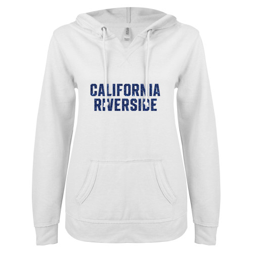  ENZA Womens White V Notch Raw Edge Fleece Hoodie - H Dark Blue Glitter