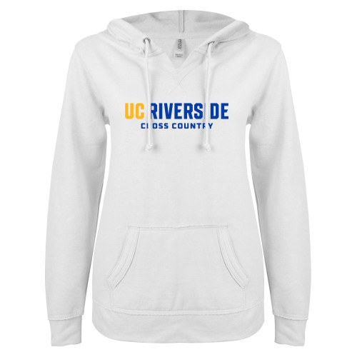  ENZA Womens White V Notch Raw Edge Fleece Hoodie - UC Riverside  Cross Country
